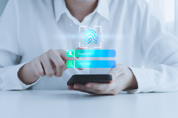 Fototapete - Cyber security. Fingerprint scan and biometric authentication to connect username and password for unlock system on mobile smart phone. Protection of privacy personal data and technology concept.
