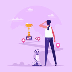 Woman looking at golden goblet or champion cup at end of road. Concept of route to success, business competition or challenge, work goal achievement, career path, flat vector illustration