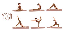 Poses For Yoga Set. Six Postures For Yoga, A Woman Does Yoga. Meditation And Relaxation. Flat Style. Illustrations For Posts, Articles, Yoga App Design, Etc. Vector Illustration.