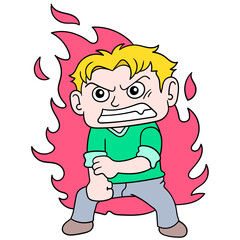 Sticker - Doodle drawing of  a very angry boy with a burning fire in the background