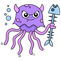 Canvas Print - Doodle drawing of an angry evil faced jellyfish holding a spiked fishbone stick weapon