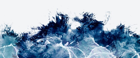 Dreamy deep blue abstract background made with alcohol ink technique and bright white contrast texture veins, watercolour painting with free white copy space , hand drawn fluid art, wall paint, 	
