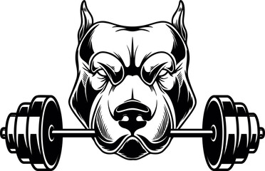 Canvas Print - Angry dog head with gym barbell in teeth. Design element for logo, sign, emblem. Vector illustration