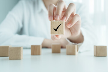 Elections and Voting, Vote, to do list, checklist, Task list, Survey and assessment concept. Hand showing check mark on wooden block.