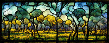 Stained Glass Of A Forest In The Style Of Louis Comfort Tiffany. MidjourneyAI