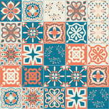 Fototapeta Kuchnia - Ceramic tile design orange blue contrast color, square ceramic tiles in Spanish Azulejo talavera style, vector illustration