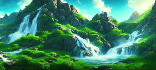 Aufkleber - Cascade of the waterfall flows down from the slope of the mountains. Mountain rivers flow among green lawns and mountain peaks. Fantasy waterfall panorama. 3d illustration