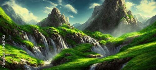 Fototapete Cascade of the waterfall flows down from the slope of the mountains. Mountain rivers flow among green lawns and mountain peaks. Fantasy waterfall panorama. 3d illustration