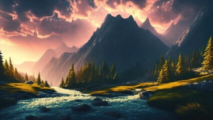 Aufkleber - Fabulous landscape of the river in the mountains, warm sunset light. Panorama of mountain peaks, streams of water from mountain lakes. 3d illustration