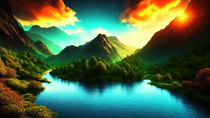 Fototapete - Fabulous landscape of the river in the mountains, warm sunset light. Panorama of mountain peaks, streams of water from mountain lakes. 3d illustration