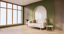 Minimalist Green Living Room Muji Style Interior Design Have Sofa Wabisabi And Decoration Japandi.