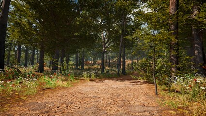 Poster - Realistic 3D render of a beautiful green forest on a sunny day