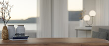 Close-up, Wood Tabletop With Copy Space Against Blurred Modern Cozy Living Room In Background