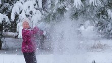 Child Snow Is Having Fun. A Little Girl In A Winter Forest. He Throws Snow From The Fir Branches And Laughs. The Concept Of Childhood, Carelessness And Winter Fun. Adventures In The Winter Forest.