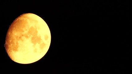 Wall Mural - A glowing golden huge moon seen from earth through the atmosphere against a starry night sky. A large moon moves across the sky, the moon moving from the left frame to the right.