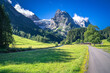 Wunderschöne Rosenlaui Schlucht im Morgenlicht im Berner Oberland in der Schweiz. Schöner Sommertag mit saftiger Wiese und Bergen im Hintergrund