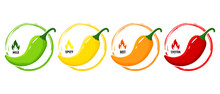 Hot Spicy Level Labels.Vector Icons Chili Pepper With Red, Yellow, Orange And Green Flames. Extra, Spicy, Hot And Mild Strength. Savory Food Scale Emblems