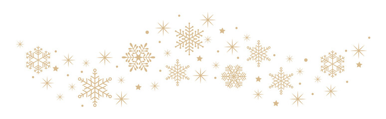 Minimal border of simple golden snowflakes and stars. Decorative snow wave