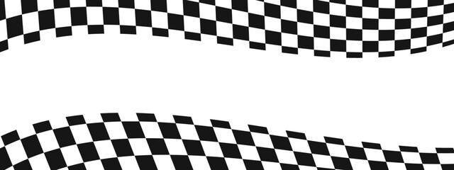 Wall Mural - Waving race flags background with copy space. Motocross, rally, sport car competition wallpaper. Warped black and white squares pattern. Checkered winding texture. Distorted chessboard layout