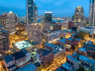 Canvas Print - Drone shot of skyscrapers in New Jersey in the late evening