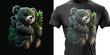Plush cute bear doll in an embrace with a marijuana bush on a black background. For street style t shirt design graphic. Vector illustration
