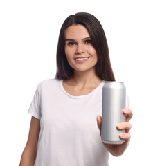 Poster - Beautiful young woman holding tin can with beverage on white background