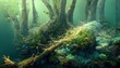 © LukaszDesign - underwater view of the forest river. Plants, tree logs fragments. Nature, environmental conservation, ecology, ecosystems, aquatic wildlife, drinking water, water treatment, pollution themes.