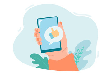Thumb up symbol on phone screen flat vector illustration. Receiving like notification on social networks. Positive feedback, approval concept for banner, website design or landing web page