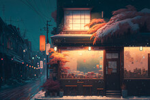 Christmas Coffee Shop With Snow And Warm Light Decoration In Winter Season. Cafe Shop On The Street. Winter Landscape Wallpaper. Christmas Holiday Illustration.