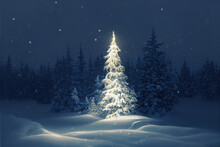 Bright Christmas Tree In The Middle Of Snowy Forest During Starry Christmas Eve Night. Snowy Winter Forest With Illuminated Tree. Blue And Gold Painting