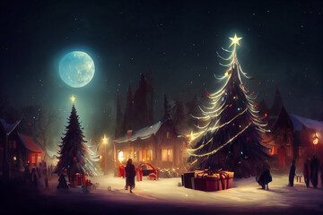 Wall Mural - painted Christmas tree fairy village at eve night with people celebrating. Warm season greetings card. People sharing gifts at christmas eve night in snowy forest village