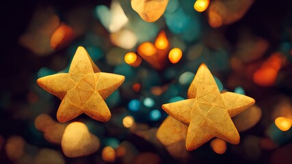 Wall Mural - painted defocused star christmas decoration background card. Season greeting ornaments postcard