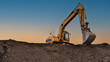 Excavator in open pit mining. Excavator on earthmoving on sunset. Loader on excavation. Earth-Moving Heavy Equipment. Earth mover ar construction site. Backhoe Loader on Road construction.
