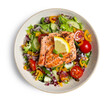 © New Africa - Bowl with tasty salmon, lemon and mixed vegetables on white background, top view