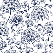 Seamless Chinese Style Flower Pattern Indigo Blue On White Background
