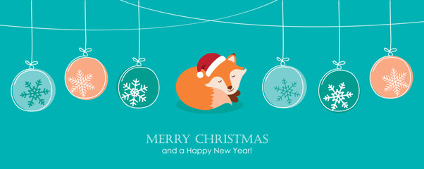 christmas card with cute fox and tree balls decoration with snowflakes