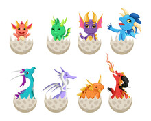 Baby Dragon Characters In Cracked Eggs Vector Illustrations Set. Collection Of Drawings Of Comic Mythical Creatures Coming Out Of Eggshells Isolated On White Background. Fantasy, Monsters Concept