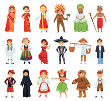 People Dressed In Costumes Of Various Countries. Children In National Costumes Cartoon Vector