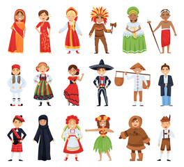 Wall Mural - People dressed in costumes of various countries. Children in national costumes cartoon vector