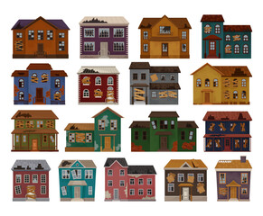 Wall Mural - Abandoned Houses and Two-storeyed Buildings with Boarded up Windows and Ruined Roof Big Vector Set