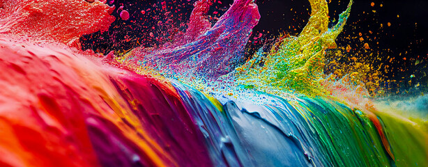 Wall Mural - panorama exploding liquid paint in rainbow colors with splashes header 10 generative ai illustration