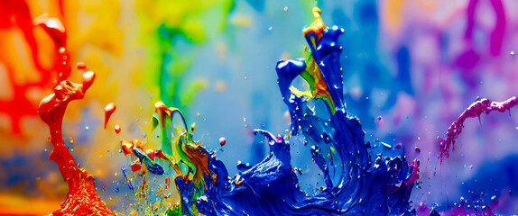 Wall Mural - panorama exploding liquid paint in rainbow colors with splashes header 11 generative ai illustration