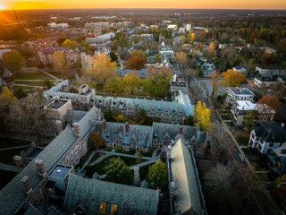 Poster - Drone view of golden sunrise over Princeton New Jersey. Cityscape with famous landmarks