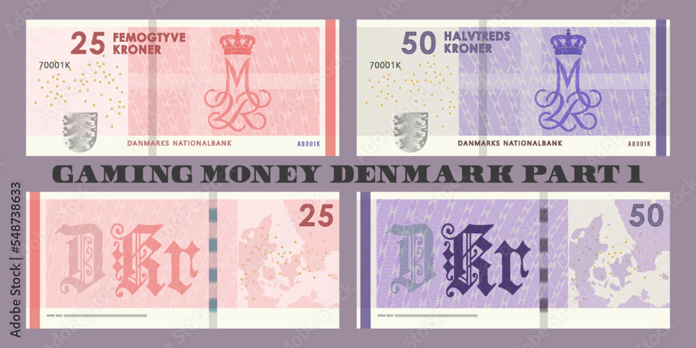 Denmark Banknotes Set of vector gaming currency. The inscriptions in Danish mean twenty ...