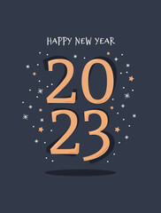 Wall Mural - Happy new year, 2023 festive card template with numbers, sparkles and stars. Vector llustration in flat style