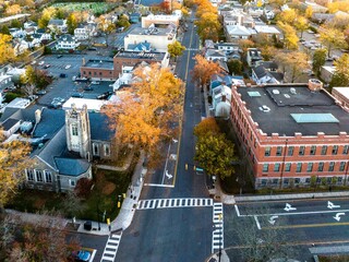 Sticker - Drone view of golden sunrise over Princeton New Jersey. Cityscape with famous landmarks