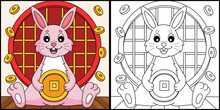 Rabbit Holding Coin Coloring Page Illustration