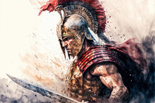 Watercolour Art Of Achilles, The Greatest Greek Warrior In The Middle Of The Battle In The War Of Troy. Concept Art Of Homer's Iliad During The Trojan War Featuring The Unbeatable Warrior Achilles.