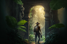 Concept Art Of An Explorer Walking In The Middle Of The Jungle Through A Secret Gate. An Adventurer In A Green Tropical Rainforest Discovering A Secret Passage In An Epic, Cinematic Illustration.