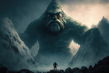 Fantasy Concept Art Of An Ancient Giant As Tall As Mountains Versus A Man. Enormous Mythical Human Like Creature In A Fictional Storybook Artwork. Humongous Gigantic Beast Watching A Man.
